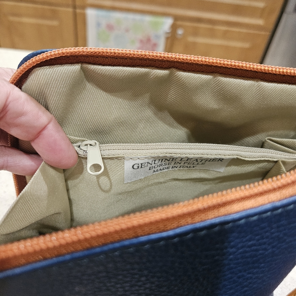 VERAPELLE SMALL LEATHER CROSSBODY HANDBAG, Blue Italian Leather Purse - Picture 3 of 4